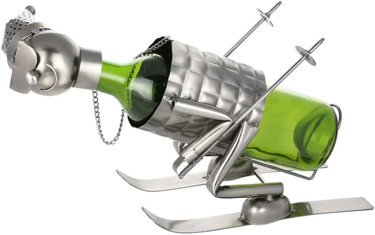 Skier Wine Bottle Holder – Handmade Metal Single Bottle Wine Rack for 750ml Bottle, Skiing Theme Decor, Durable Non-Tarnish Recycled Metal Gift for Ski Lovers
