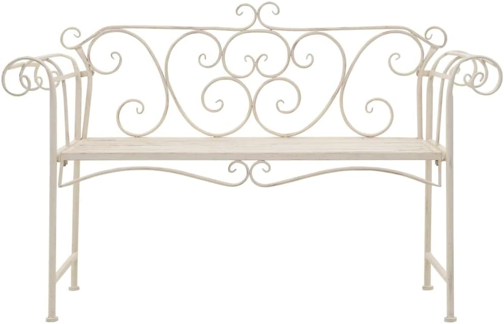 Garden Bench Antique White Metal 52 in Width Decorative Inlays,Sturdy Metal Garden Bench with Vintage Scroll Design, WeatherResistant and for Outdoor Use Patio Furniture