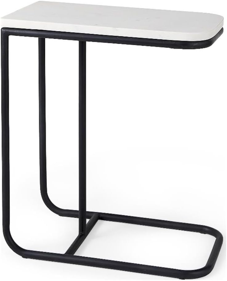 Pemberly Row C-Shaped Side Table, White Marble Top, Matte Black Iron Frame, Minimalist Modern Style, Living Room Accent Table