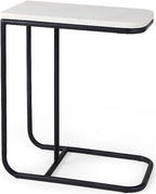 Pemberly Row C-Shaped Side Table, White Marble Top, Matte Black Iron Frame, Minimalist Modern Style, Living Room Accent Table