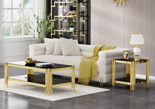 Modern Square End Table Black Glass Sofa Side Table with Gold Stainless Steel Base, Luxury 2-Tier Small Accent Tables with Glass Top & Lower Shelf for Living Room Apartment