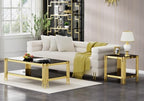 Modern Square End Table Black Glass Sofa Side Table with Gold Stainless Steel Base, Luxury 2-Tier Small Accent Tables with Glass Top & Lower Shelf for Living Room Apartment