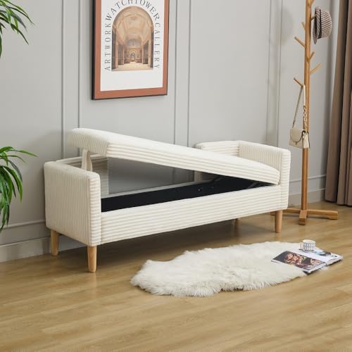Corduroy Storage Soft Bench - Armrests, Backrest & 2 Bolster Pillows for Living Room Entryway Bedroom (65.35", Ivory)