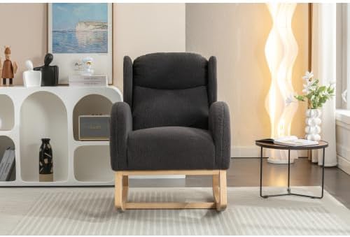 Dark Gray Upholstered Teddy Glider Rocker, High Back Armchair with Wood Legs, Modern Nursery Rocking Chair for Living Room Bedroom Reading Nook