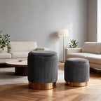 Round Ottoman with Storage Set of 2 Upholstered Velvet Vanity Stool Small Ottoman Coffee Table, Foot Stool, Removable Lid, for Living Room, Bedroom, Hallway, Easy Assembly (Gray)
