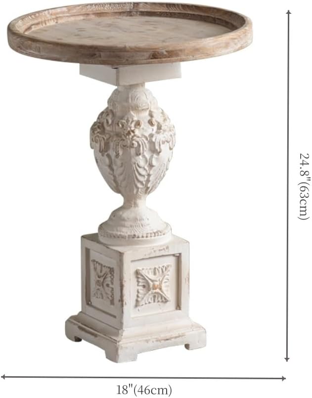 Vintage Round Side Table with Carved Pedestal, Rustic Accent End Table for Living Room, Balcony or Entryway Decor