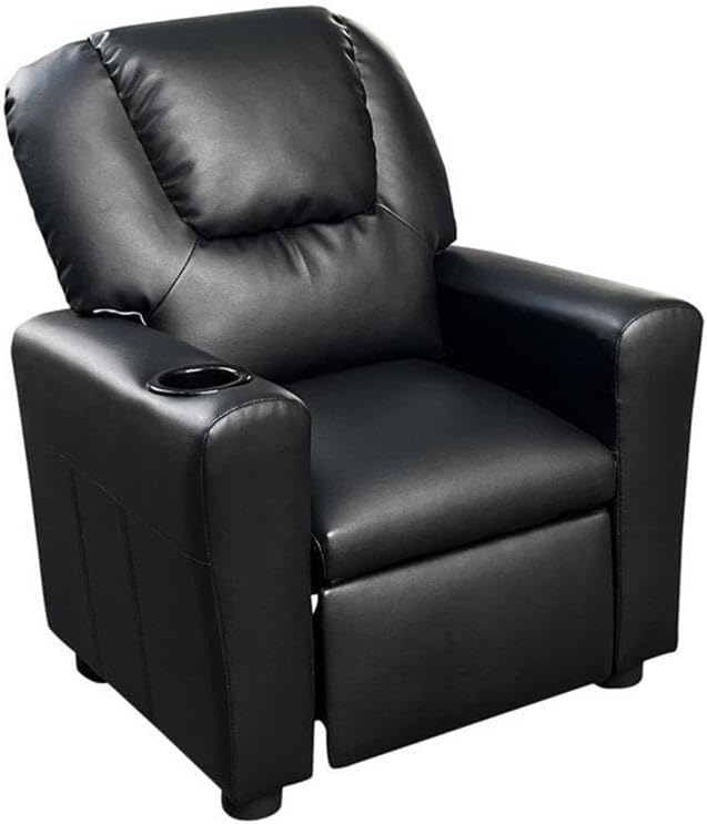 Lilola Home Marisa Kids Recliner Chair with Cup Holder, Black PU Leather Youth Reclining Chair, Child Recliner for Boys and Girls, Bedroom, Playroom, Nursery Seating, Water Resistant, Ages 1–5