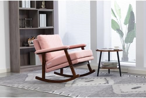 Rocking Chair for Nursery, Upholstered Glider Cozy Rocking Chair for Adult, Mid Century Modern Lounge Chairs with Wood Frame, Ideal for Living Room Bedroom, Light Pink