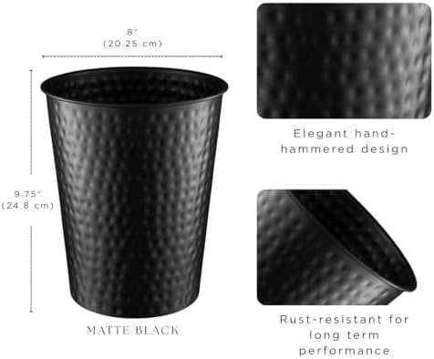 Monarch Abode Metal Bathroom Trash Can – Waste Basket for Bedroom, Office Desk, & Dorm, Hand Hammered, Durable Decorative Black Small Trash Can Bathroom Garbage Bin Wastebasket