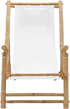 Bamboo Deck Chair, Folding Canvas Lounge Chair with Adjustable Height for Patio Garden and Balcony, Cream White Outdoor Reclining Sling Chair, Supports up to 264.6 lbs