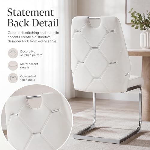 Dining Room Chairs Set of 6, Sillas para Comedor, Modern Dining Chairs Set of 6 with Leather,Geometric Tufted Back,Chrome Leg,Ergonomic Design,Easy to Clean,for Kitchen,Living Room(White,6)