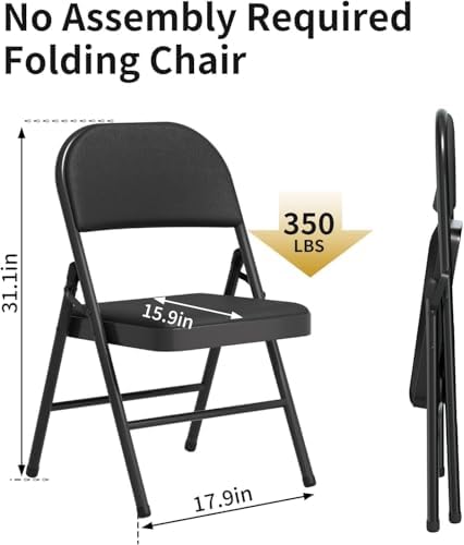 Set of 2 Padded Folding Chairs, PU Leather Seat Back, 300 lbs Heavy Duty Metal Frame, Foldable Portable Chairs for Indoor Outdoor Events, Dining, Guest Seating, Party, Wedding (Black, 2 Pack)