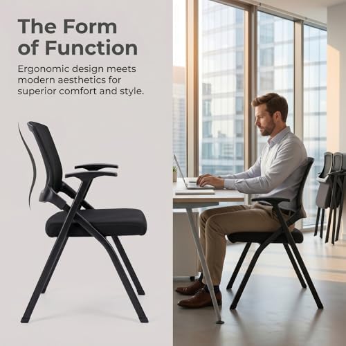 Heavy Duty Folding Office Chair with Breathable Mesh Back - Comfortable Padded Seat & Sturdy Frame for Conference Room, Training,Meeting,Classroom - Stackable Black Guest Reception Chair with Armrests