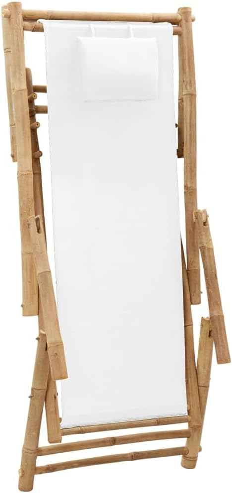 Bamboo and Canvas Deck Chair, Folding Lounge Chair for Outdoor Patio Garden and Balcony, Adjustable Reclining Sling Chair with Cream White Fabric, Durable Frame for Sun Lounging