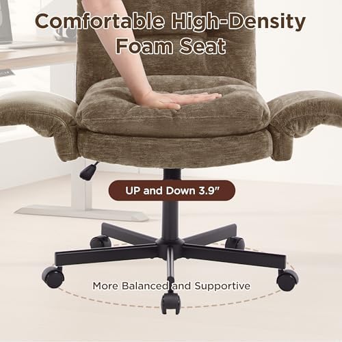 FiveWillowise Criss Cross Chair with Adjustable Arms&Hight Back,Thicken Wide Seat Home Office Chair,Lounge Makeup Vanity Chairs with Side Pockets,Comfy Cross Legged Desk Chair,Chenille Brown