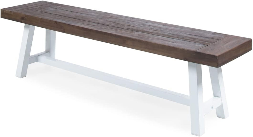 Cytheria Indoor Farmhouse Dark Brown Sandblast Finish Acacia Wood Dining Bench with White Rustic Metal Finish Frame
