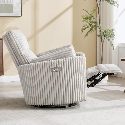 Power Recliner Nursery Swivel Rocking Glider Chair,Upholstered Adult Recliner Nursing Rocker Chair with USB Port with 2 Pillows for Nursery Living Room Bedroom(Lightgrey Corduroy,Power-Driven)