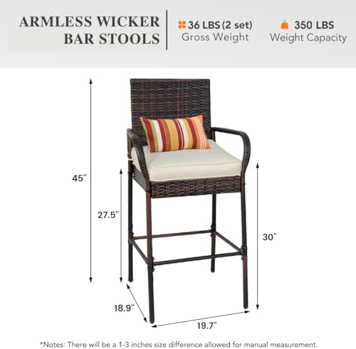 Sundale Outdoor Wicker Bar Stool Set of 2, Patio Counter Height Pub Chair with Arms, High Top Rattan Barstool, Cushion Beige, All-Weather Outdoor Rattan Furniture