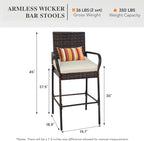 Sundale Outdoor Wicker Bar Stool Set of 2, Patio Counter Height Pub Chair with Arms, High Top Rattan Barstool, Cushion Beige, All-Weather Outdoor Rattan Furniture