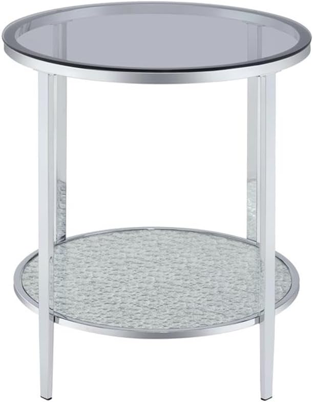 Pemberly Row Round Chrome and Tempered Glass End Table, Smoky Glass Top, Textured Mirrored Base, 22" W x 22" D x 24" H, Contemporary Style Side Table for Living Room or Bedroom Use