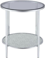 Pemberly Row Round Chrome and Tempered Glass End Table, Smoky Glass Top, Textured Mirrored Base, 22" W x 22" D x 24" H, Contemporary Style Side Table for Living Room or Bedroom Use