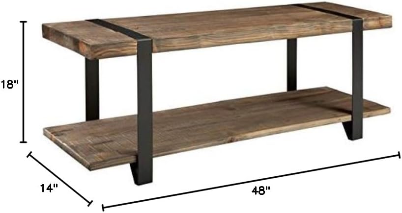 Modesto 48-Inch Solid Wood Entryway Bench with Storage Shelf – Rustic Natural Finish with Black Metal Legs and Strap Accent – Farmhouse Accent Bench for Entryway or Dining Room by Alaterre Furniture