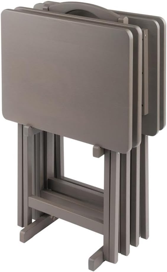 Pemberly Row Solid Wood 5-Pc Snack Table Set, Oyster Gray Finish, Rectangular Folding Tables with Storage Rack, Compact Design, 19.05 x 14.56 x 25.98 in, Durable Living Room or Home Use