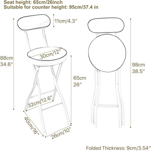 Modern White Folding Breakfast Kitchen Bar Stool with Backrest and Footrest Counter Height High Chair(Black+White,65cm/26inch)