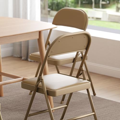 Nazhura Folding Chairs with Padded Vinyl Cushion Chairs with Comfortable Cushion and Durable Steel Frame for Home and Office, for Indoor and Outdoor Events (Kahki, Vinyl, 4 Pack)
