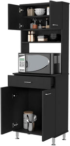 66" Tall Kitchen Pantry Cabinet with 4 Doors & 1 Drawers, Black Cupboard Credenza Bufffet Cabinet with Microwave Stand & Open Shelf, Kitchen Hutch for Living Room, Dining Room