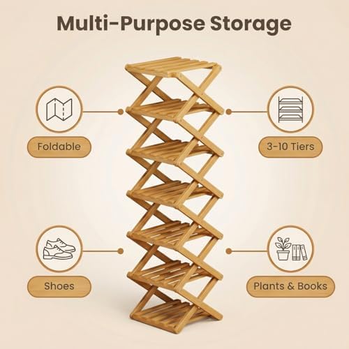 The 9-Tier No-Assembly Bamboo Rack, 3-9 Tiers Bamboo Shoe Rack, Foldable Bamboo Vertical Shoe Organizer, Multifunctional & Space-Saving, For Entryway, Closet, Corner, Bedroom, Hallway (Walnut, 9Tiers)