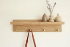 Solid Oak Wall Mounted Coat Rack Shelf with 5 Brass Hooks, Entryway Hanging Key Holder Organizer, Modern Wooden Wall Shelf with Hooks for Hallway, Living Room, Bathroom