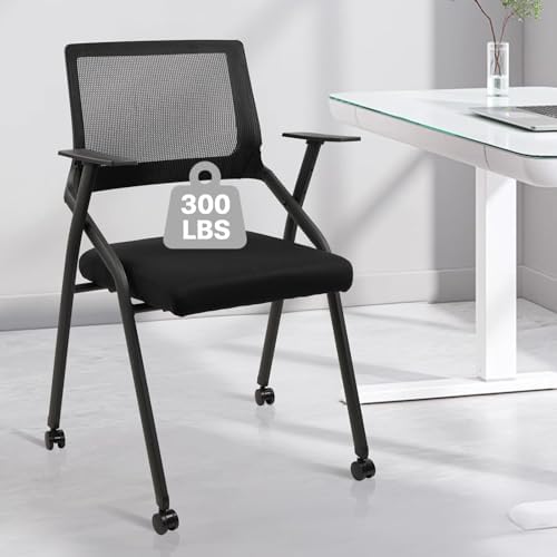CLATINA Ergonomic Stackable & Foldable Conference Room Chairs, Mesh Office Chair with Arms and Wheels for Office Waiting Room Meeting Lobby Church School Receptions and Training Black (10 pk)