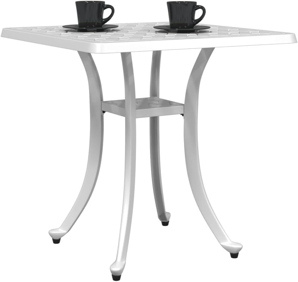 Square Garden Table, Small Outdoor Patio Table in White Cast Aluminum, Rust-Resistant Metal Bistro Table for Balcony, Porch, Deck, and Indoor Dining