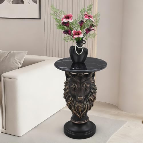 Luxury Wolf Head Accent Table with Faux Marble Top, Animal Sculpture End Table, Resin Decorative Side Table for Living Room, Bedroom, Office, Statement Furniture Piece, Modern Home Décor