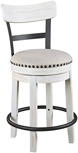 Signature Design by Ashley Valebeck Barstool, Rustic-Industrial Counter Height Chair, 360° Swivel, Wood & Metal Frame, Cushioned Seat, Ideal for Kitchen Island with Seating, Vintage White