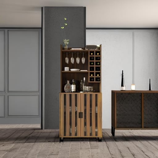 Wine Cabinet with 12 Wine Bottle Racks, 70'' Wine Bar Cabinet Bar Cabinet Tall with Storage, Modern WoodenTall Liquor Cabinet with Glass Holder for Home, Brown