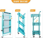 BEEY Foldable Metal Storage Cart Rolling Baskets with Wheels, No Assembly, Metal Wire Market Basket Storage Organizer Stackable Storage Bins for Kitchen,Pantry,Bedroom (Blue, 3 Tier-3665)