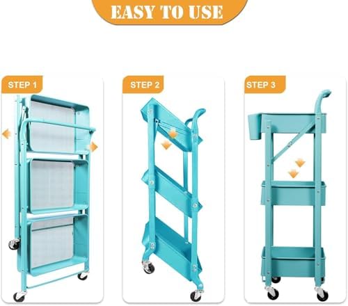 BEEY Foldable Metal Storage Cart Rolling Baskets with Wheels, No Assembly, Metal Wire Market Basket Storage Organizer Stackable Storage Bins for Kitchen,Pantry,Bedroom (Blue, 3 Tier-3665)