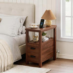 Farmhouse Nightstand with Charging Station, 18'' Wooden Bedside Table with 2 Drawers, Antique End Table with USB Ports, Narrow Sofa Couch Side Table for Bedroom, Living Room, Small Spaces (Walnut)
