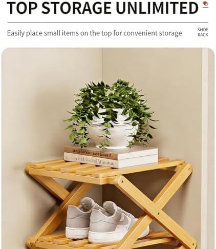 No-Assembly Bamboo Shoes Rack, Foldable Vertical Corner Shoe Organizer, Multifunctional Narrow Shoe Shelf for Entryway, Closet, Bedroom, Hallway (Brown, 5-Tier)
