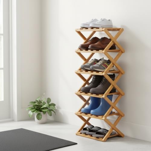 9 Tier Bamboo Shoe Rack – No Assembly Required, Holds 33 lbs per Tier Bamboo Expandable Shoe Rack, Space-Saving Collapsible Shoe Organizer for Entryway, Closet & Small Spaces (Brown, 7)