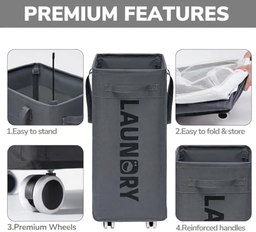 Goodpick Laundry Basket with Wheels, Laundry Hamper with Removable Wash Bag, Clothes Hamper, Rolling Laundry Basket, Dorm Room Essentials, 75L, Grey