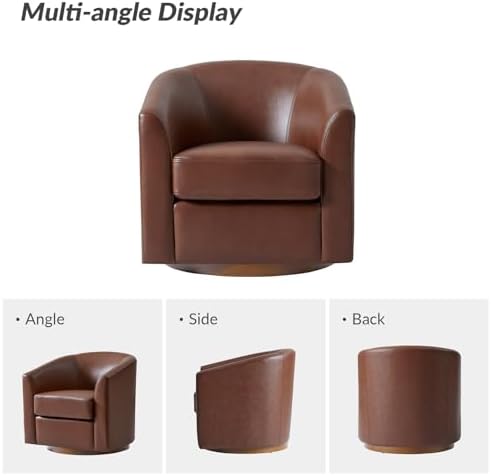 HULALA HOME Genuine Leather Swivel Barrel Chair with Solid Wood Base, Brown | Transitional Round Swivel Accent Chair with Flared Armrests, No Assembly Required, for Living Room Bedroom Reading Relaxation