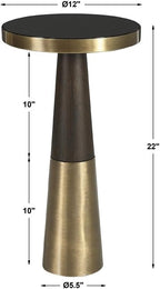 BOWERY HILL Contemporary Glass Accent Table, 22" H x 12" W x 12" D, Brass/Brown Finish, Sleek Black Glass Top, Tapered Wooden Base, Ideal for Living Room or Entryway Decor