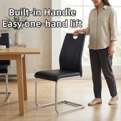 FURNITO Modern Dining Chairs Set of 6, Black Dining Chairs with Thick Cushions, Faux Leather Kitchen & Dining Room Chairs with Backrest and Sliver Metal Legs for Dining Living Room, Easy to Assemble