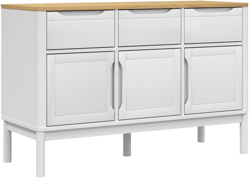 White Solid Pine Wood Sideboard with Drawers and Doors, Modern Engineered Wood Medium Storage Cabinet for Dining Room Living Room Hallway, Spacious Design and Durable