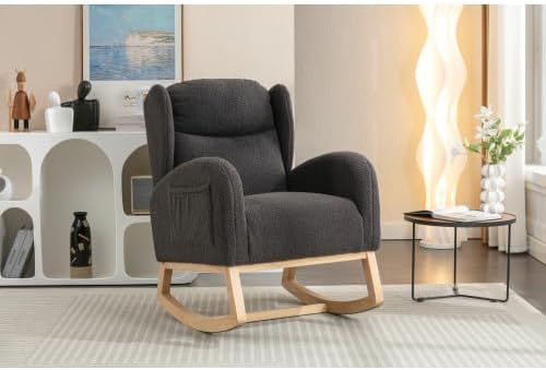 Dark Gray Teddy Rocking Chair for Nursery, Upholstered Glider Rocker with High Backrest, Comfy Accent Armchair with Wooden Legs for Living Room Bedroom
