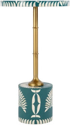 Pemberly Row Set of 2 14" Round Bone Inlay Iron Side Tables in Teal/Gold