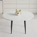 42"-54" Round to Oval Extendable Dining Room Table, White Faux Marble & Wood Grain Top with Black Metal Legs, Modern Round Dining Table for 4–6, Space-Saving Kitchen Table, Easy Assembly